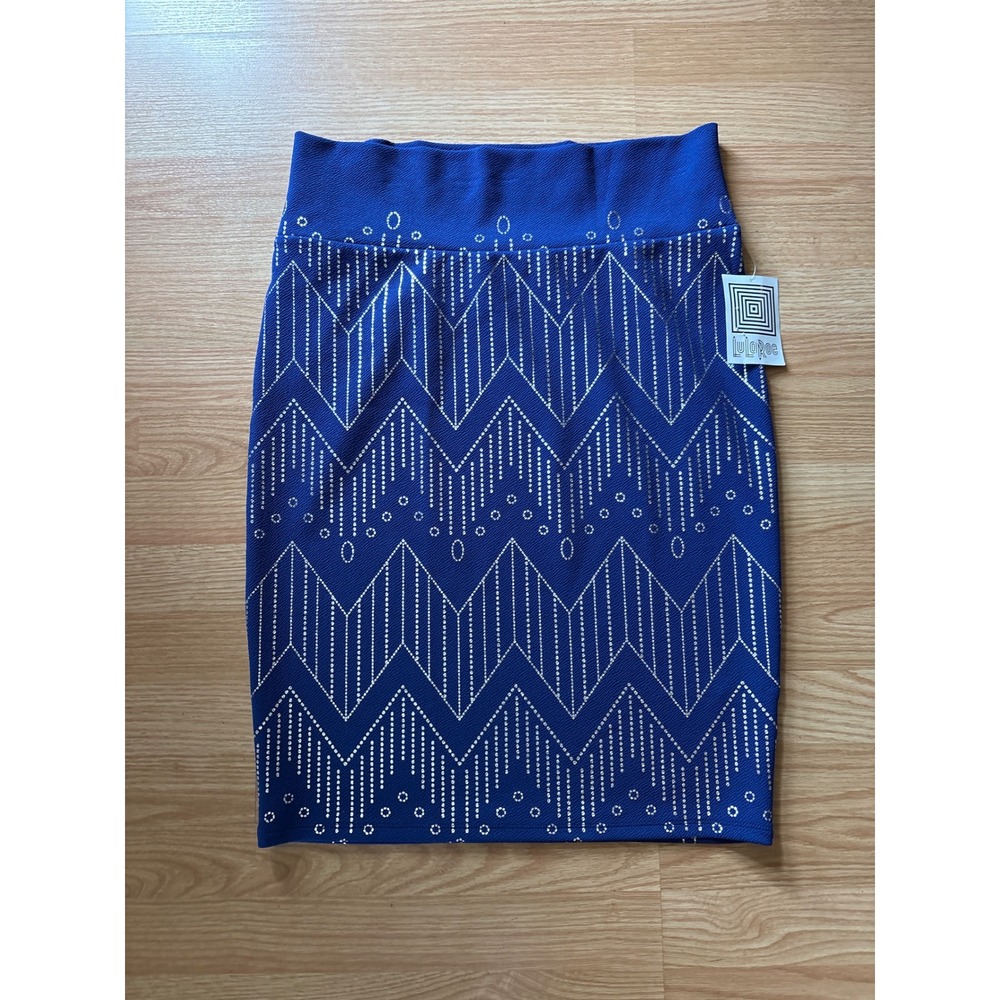 LuLaRoe Cassie Pencil Skirt XL Royal Blue Silver Metallic Geometric Chevron NWT